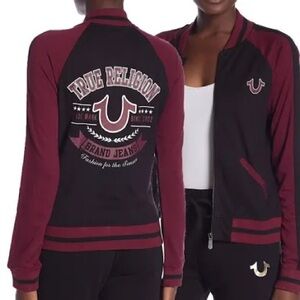 True Religion Women's Black and Burgundy Bomber Jacket